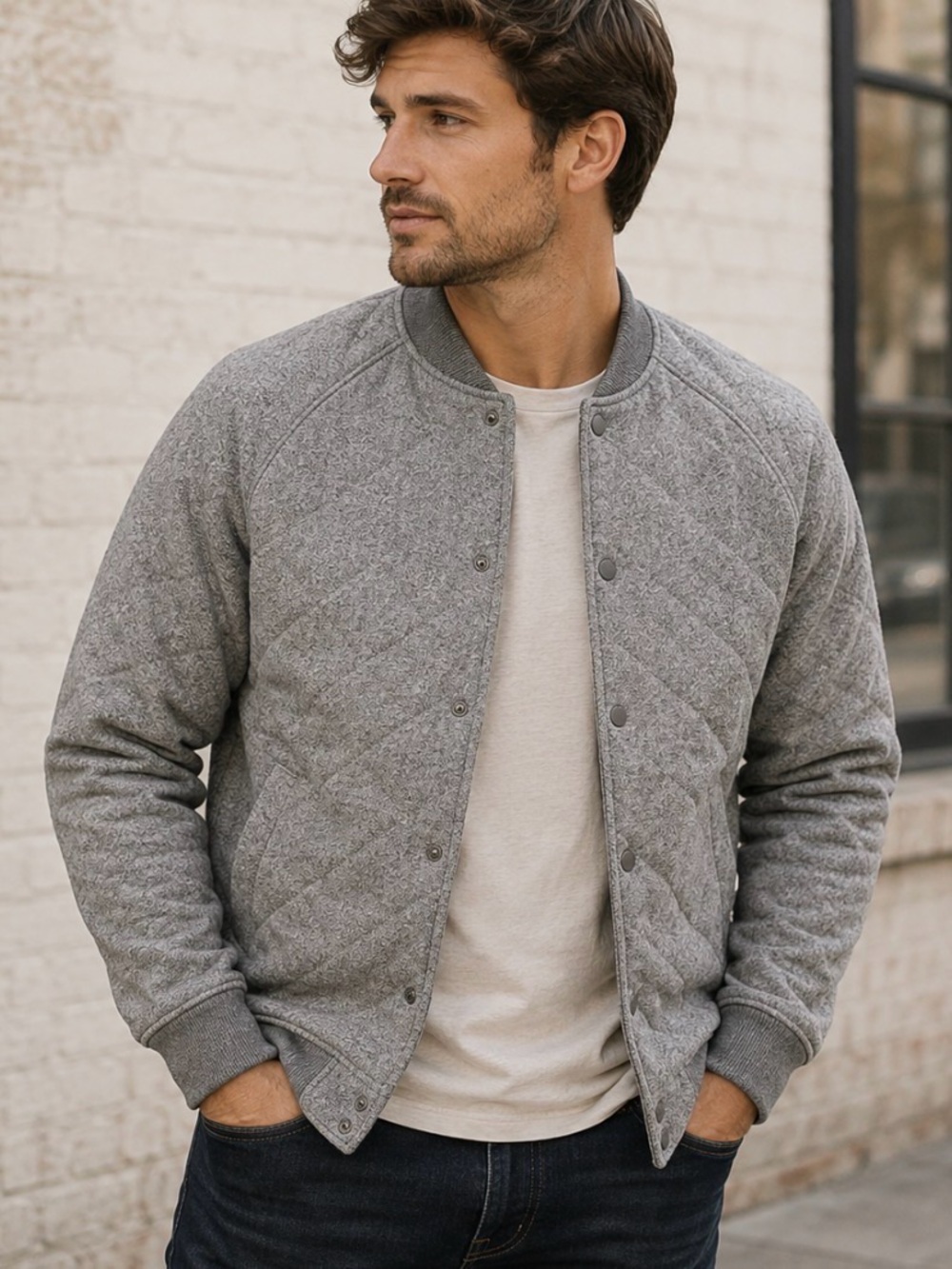 on the byas Quilted Grey Bomber Jacket